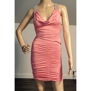Sexy Women Pink Mini Stretch Backless Dress with Rhinestone Accent  Small N7872